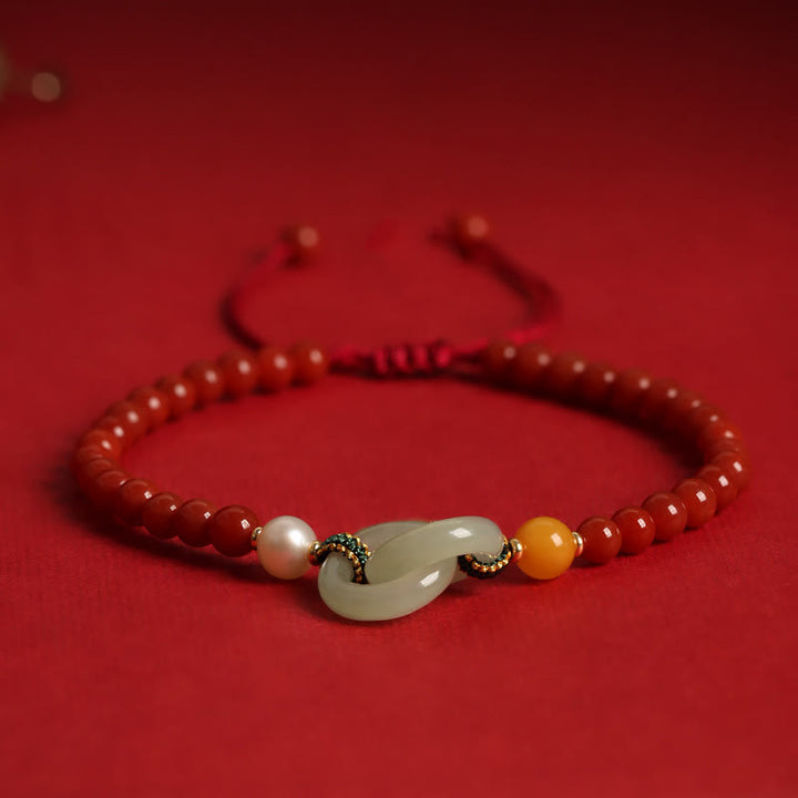 Bracelet de confiance à double boucle de paix en agate rouge naturelle et jade Hetian de Buddha Stones