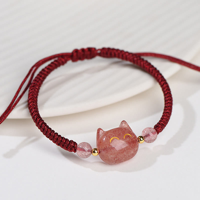 Bracelet tressé fait main en obsidienne naturelle argentée et brillante en quartz fraise avec protection pour chat mignon - image 9