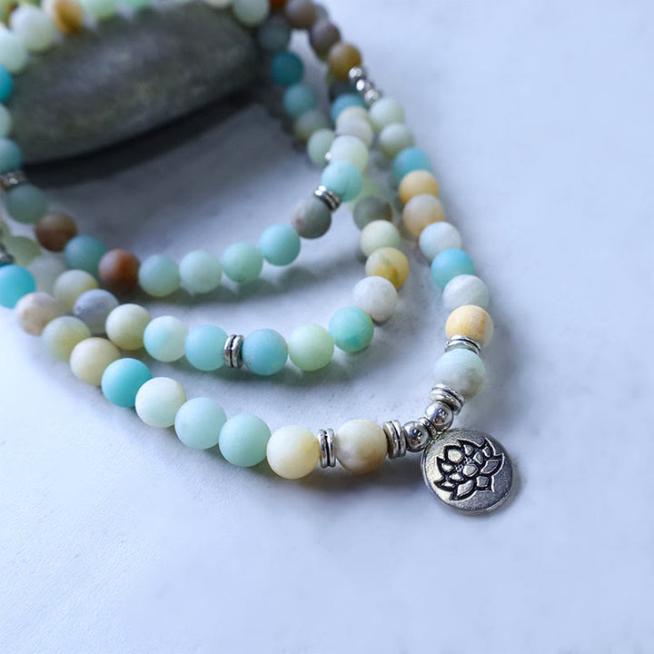 Buddha Stones Mala tibétain en pierre d'amazonite avec lotus de bénédiction