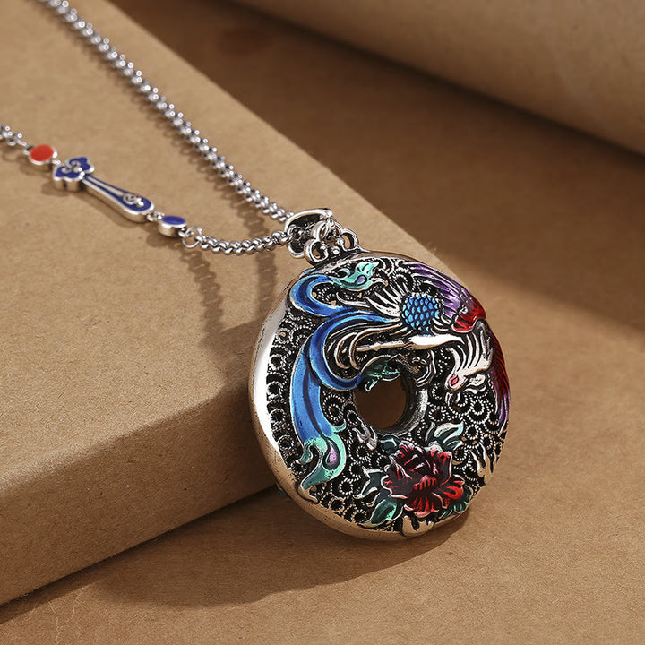 Collier avec pendentif en Buddha Stones, phénix, pivoine, protection de la chance