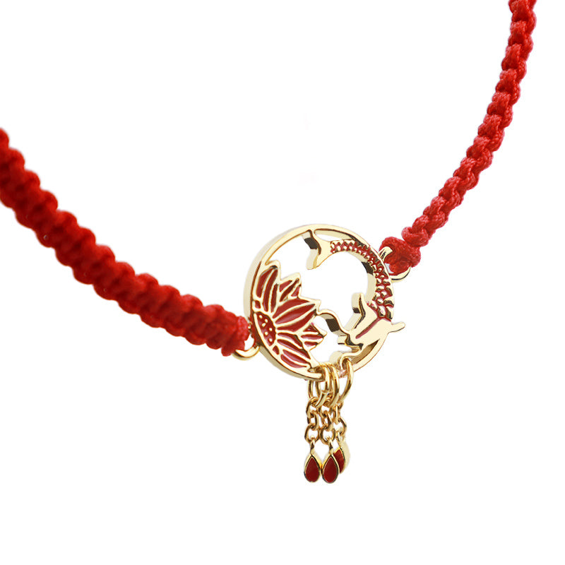 Bracelet tibétain en fil rouge porte-bonheur fait main avec Buddha Stones et poisson koi
