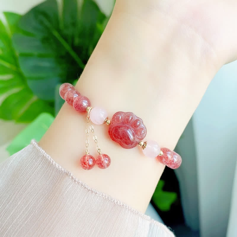 Bracelet d'amour en forme de patte de chat porte-bonheur en cristal rose et quartz fraise naturel de Buddha Stones - image 3