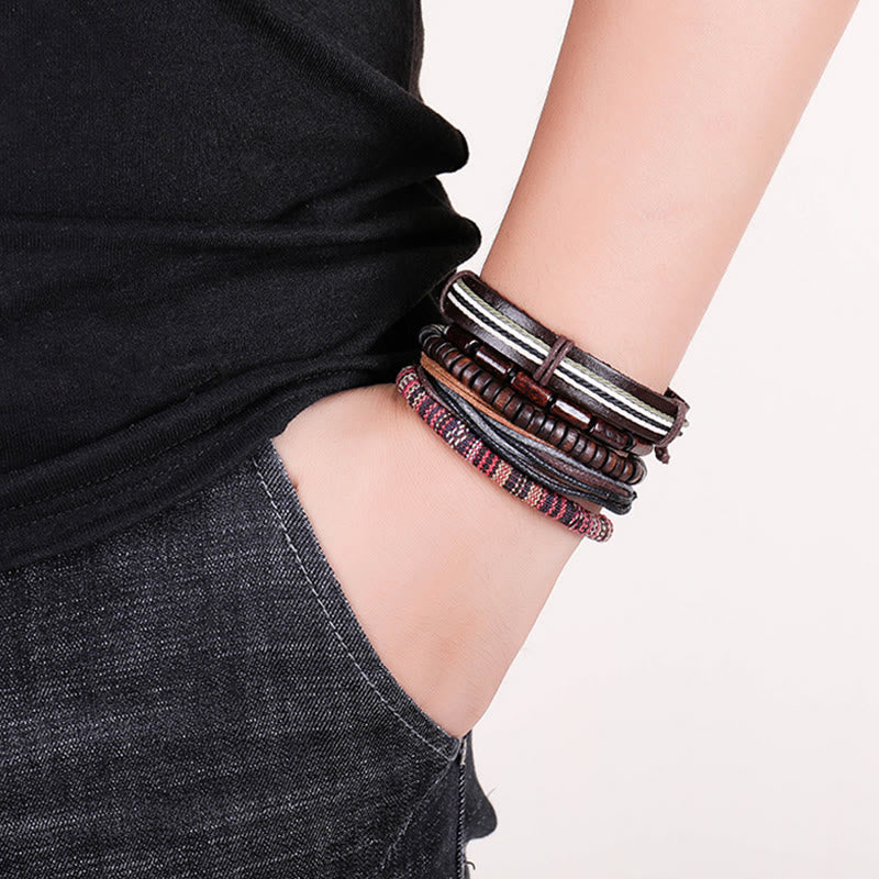 Bracelet en cuir avec cordons de chanvre et perles en bois enroulées de Buddha Stones
