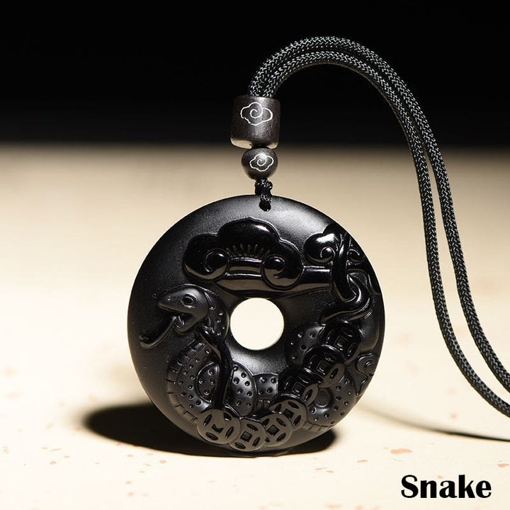 Collier avec pendentif en obsidienne noire naturelle et Buddha Stones du zodiaque chinois - Serpent - image 17