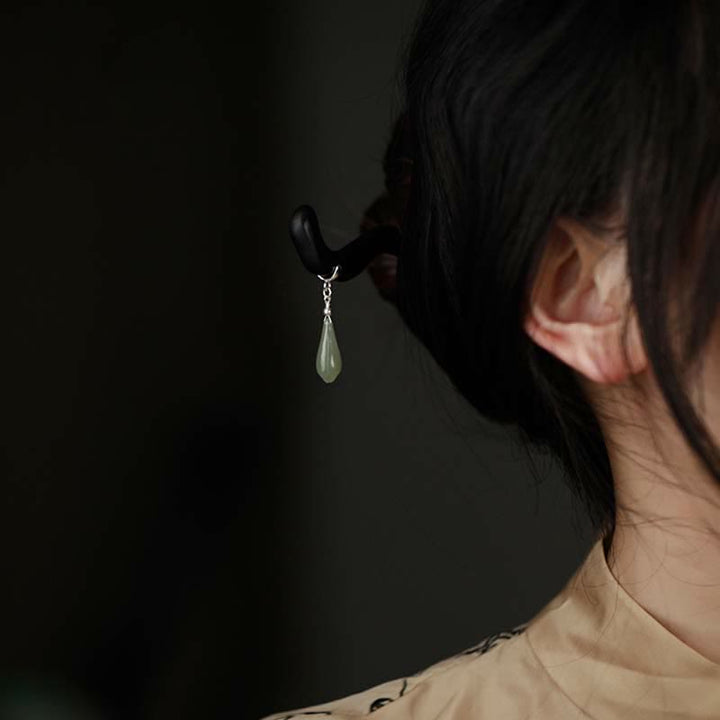 Épingle à cheveux porte-bonheur en bois d'ébène et jade naturel Hetian en argent sterling 925 Buddha Stones