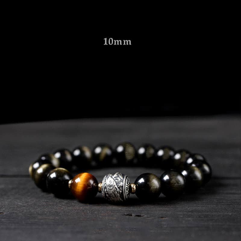 Buddha Stones pour vivre un renversement de fortune Bracelet de protection en obsidienne arc-en-ciel et or brillant