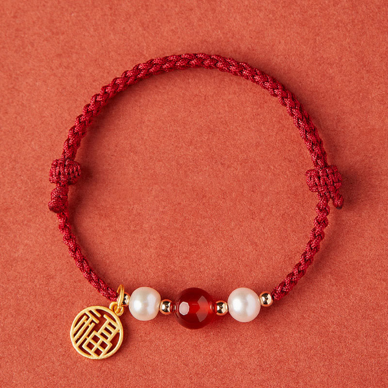Bracelet tressé en fil rouge avec perles d'agate et personnage Fu en argent sterling 925 et Buddha Stones