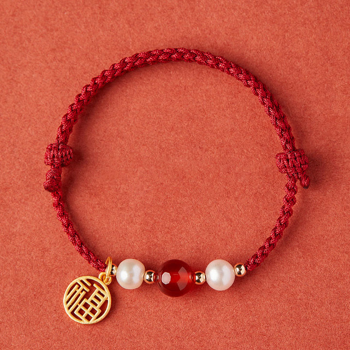 Bracelet tressé en fil rouge avec perles d'agate et personnage Fu en argent sterling 925 et Buddha Stones