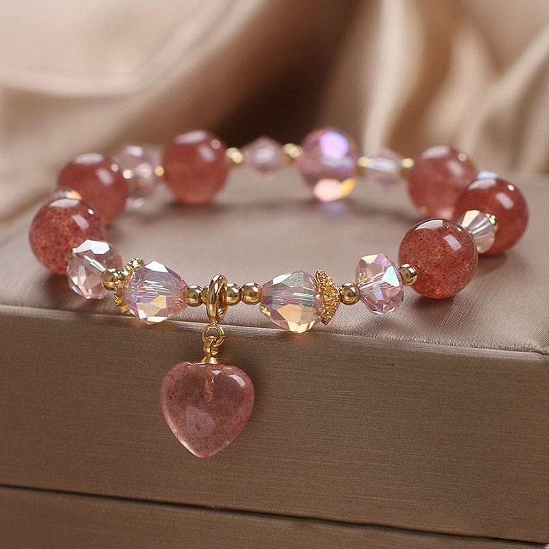 Bracelet de guérison positif en cristal de quartz fraise naturel Buddha Stones Love Heart
