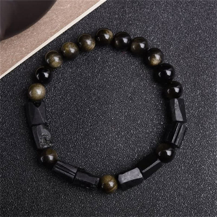 Bracelet de richesse en obsidienne et tourmaline noire avec Buddha Stones