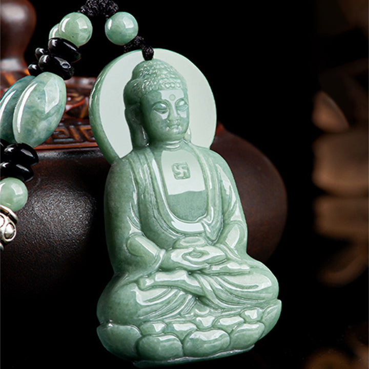 Collier en cordon de compassion avec amulette en jade Bouddha Amitabha et Buddha Stones