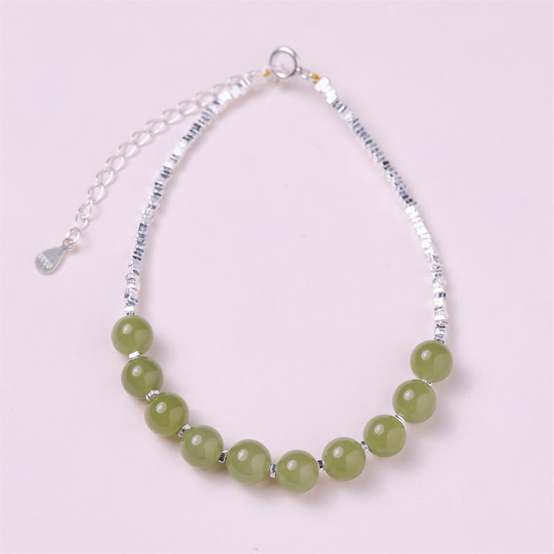 Bracelet porte-bonheur en argent sterling 925 avec perles de jade Hetian et Buddha Stones - Jade de Hetian (Prospérité ♥ Abondance) - image 0