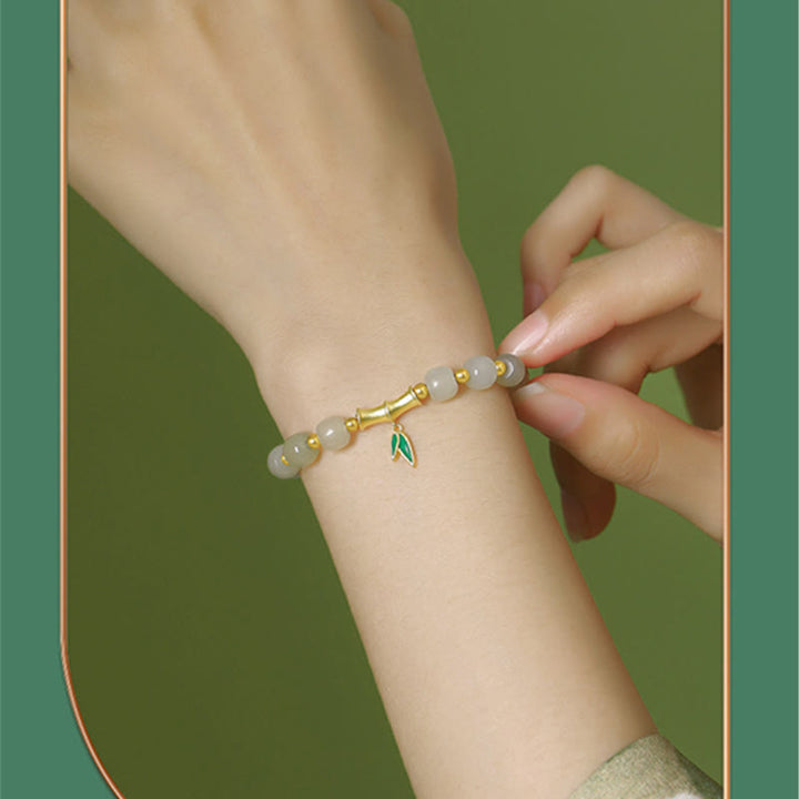 Bracelet porte-bonheur en argent sterling 925 et jade blanc Hetian en bambou Buddha Stones