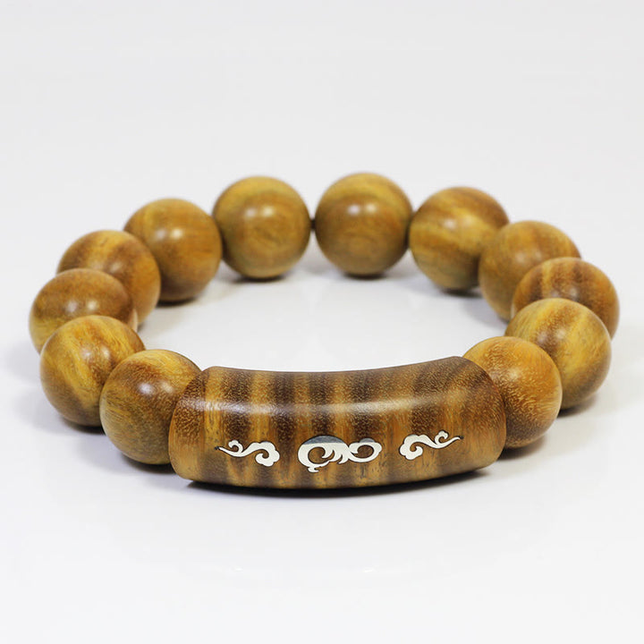Bracelet de paix incrusté de Buddha Stones en argent sterling 999 et bois de santal vert Om Mani Padme Hum Dragon Phoenix Dharmachakra
