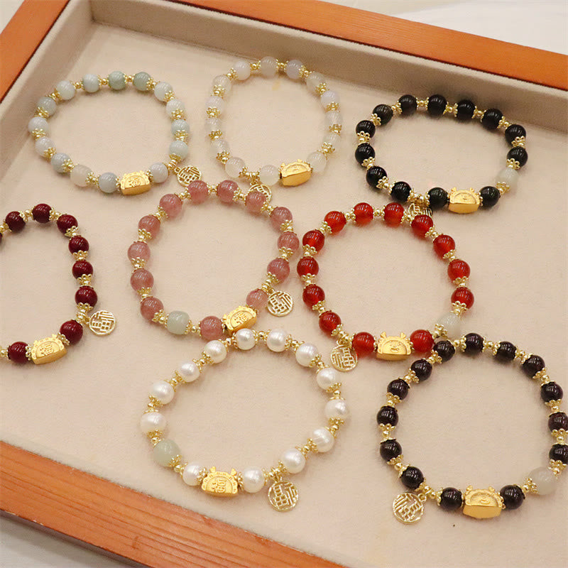 Buddha Stones Année du Dragon Agate Rouge Quartz Fraise Obsidienne Noire Jade Grenat Perle Cinabre Dumpling Dragon Luck Fu Bracelet Caractère