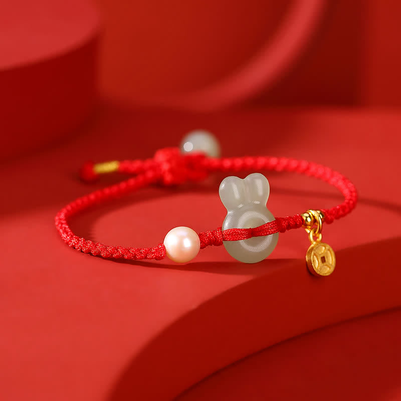 Bracelet en argent sterling 925 avec cordon rouge et pièce de cuivre en jade Hetian Année du lapin