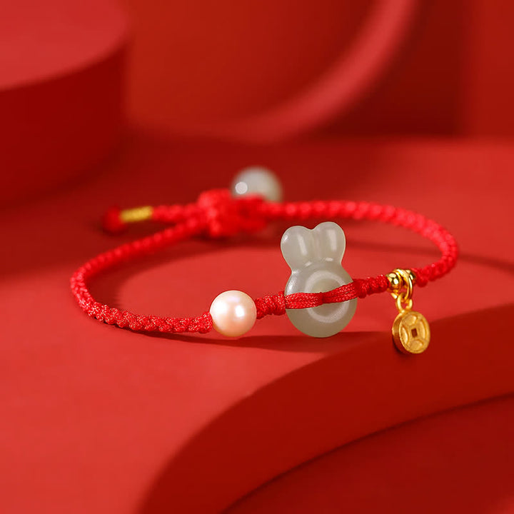 Bracelet en argent sterling 925 avec cordon rouge et pièce de cuivre en jade Hetian Année du lapin