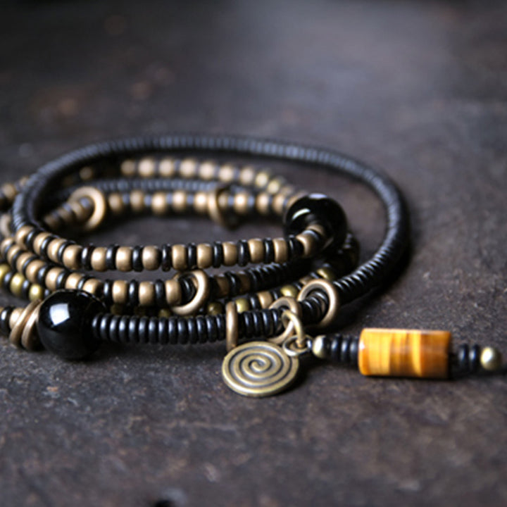 Collier pendentif en perles de Dzi en bois d'ébène et Buddha Stones en cuivre pour couple de paix