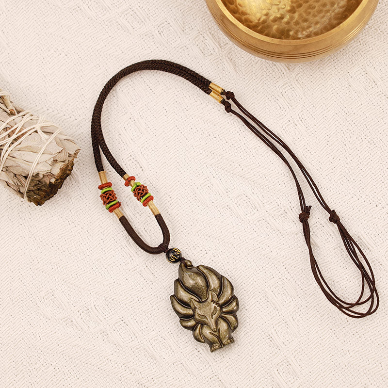 Collier pendentif positif en obsidienne arc-en-ciel naturelle Buddha Stones et obsidienne dorée brillante à neuf queues