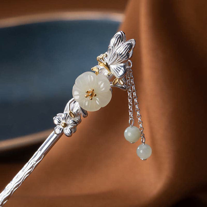 Épingle à cheveux en argent sterling 925 avec fleur de jade blanc Hetian