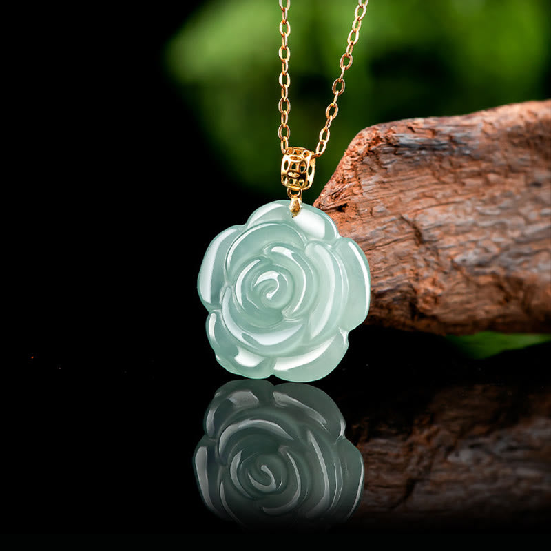 Collier pendentif porte-bonheur en jade naturel rose en argent sterling 925 et or 18 carats avec pierres de Buddha Stones