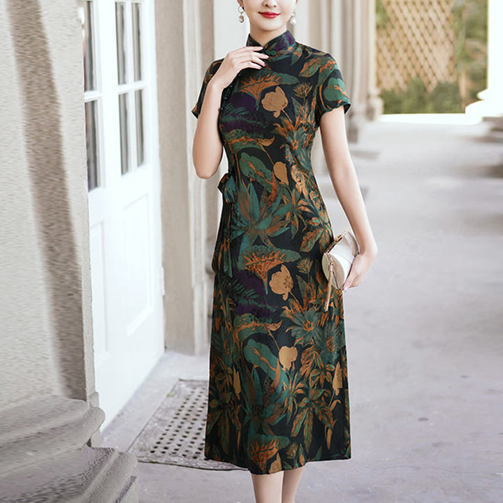 Robe Qipao en soie avec Buddha Stones, motif rétro de feuilles de fleurs, robe cheongsam pour femme - Vert foncé brun - US16，UK/AU20，EU48 (5XL) - image 14