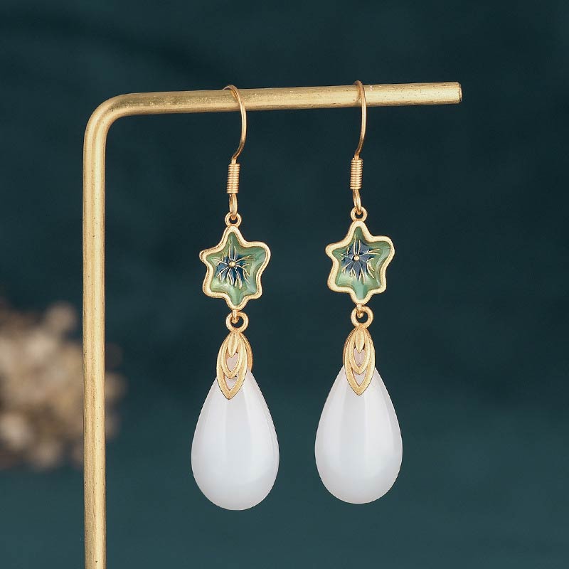 Boucles d'oreilles pendantes porte-bonheur en jade blanc Feng Shui Buddha Stones