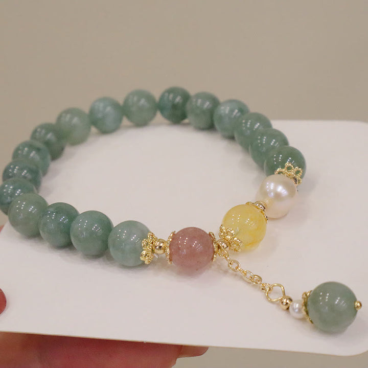 Bracelet porte-bonheur en perles de jade et quartz fraise avec Buddha Stones