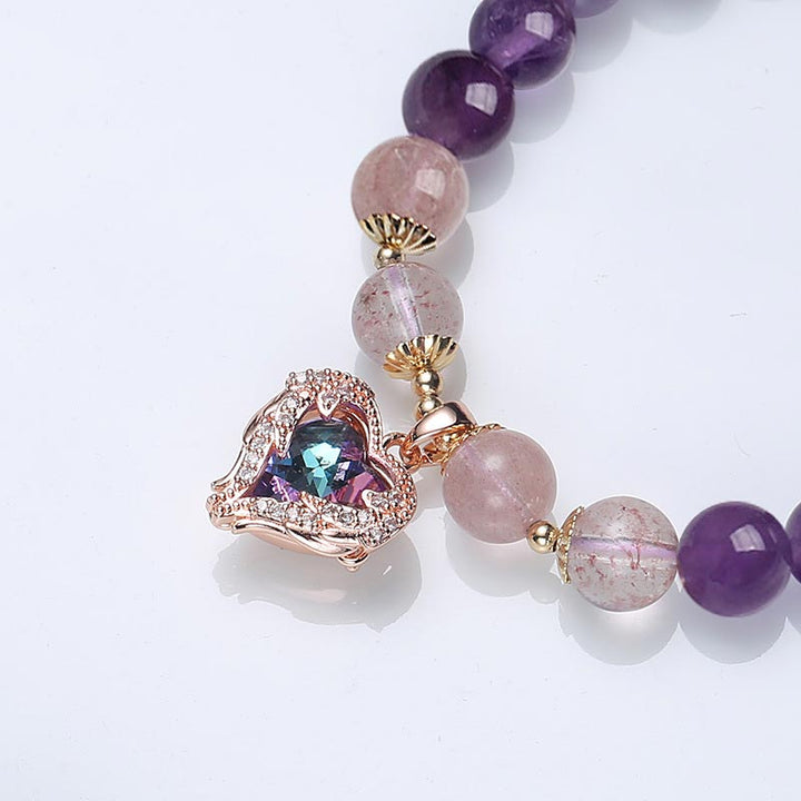 Bracelet porte-bonheur en cristal de quartz fraise et améthyste naturelle