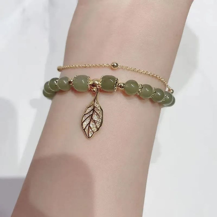 Bracelet de perles porte-bonheur en Buddha Stones, feuille de jade, ginkgo, tulipe, arachide, personnage Fu