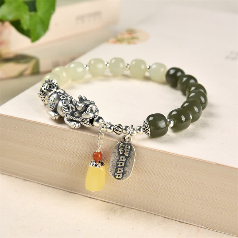 Bracelet porte-bonheur PiXiu en argent sterling 925 et jade Hetian naturel avec Buddha Stones