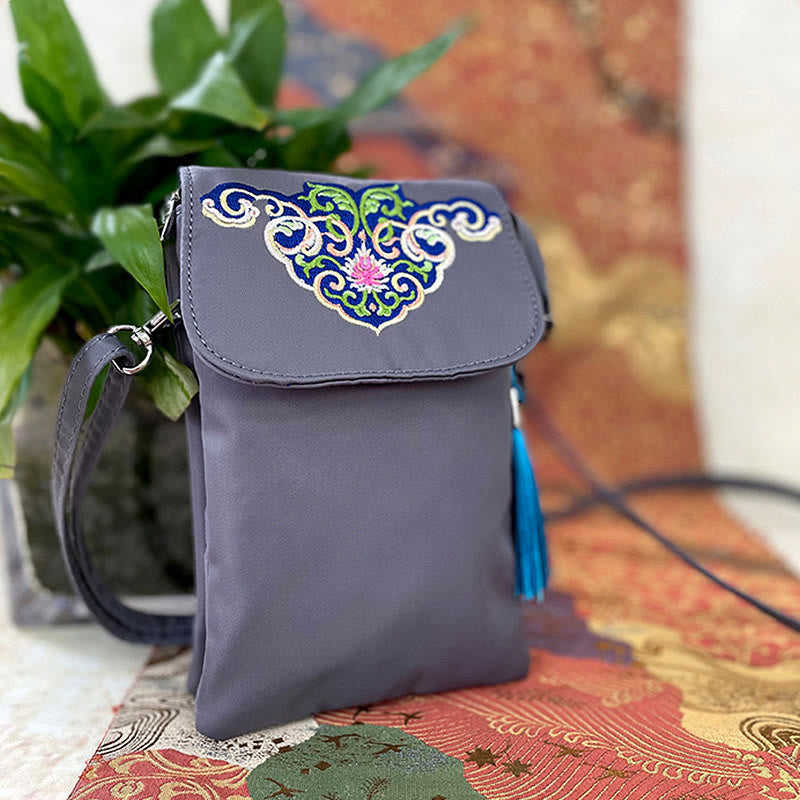 Sac à bandoulière en Buddha Stones imperméable brodé à la main avec fleurs de lotus - Fleur grise - image 13
