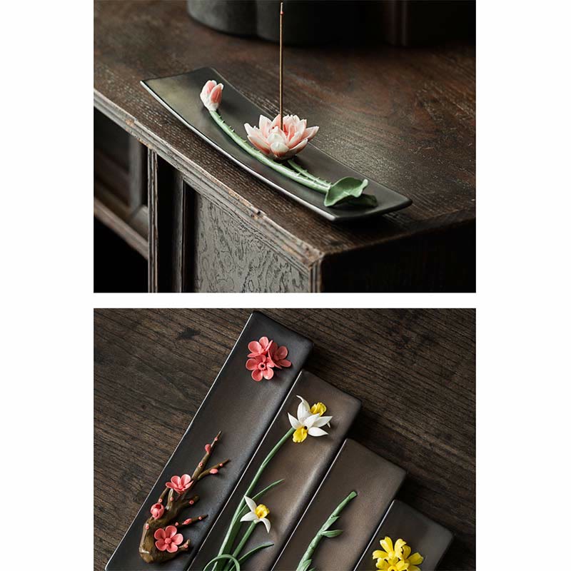 Brûleur d'encens spirituel en céramique Buddha Stones Lotus Pivoine Rose Fleur