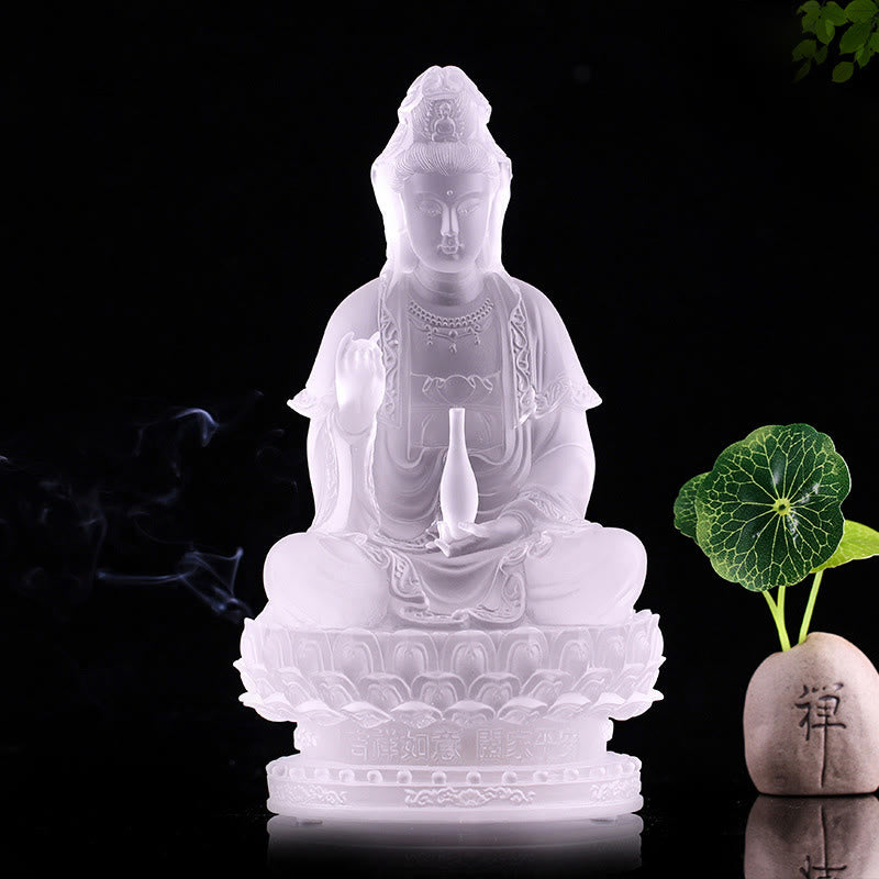 Buddha Stones Kwan Yin Avalokitesvara Figurine faite à la main Pièce d'art en cristal Liuli Statue de richesse Décoration d'offrande pour la maison - 23 cm Blanc - image 4