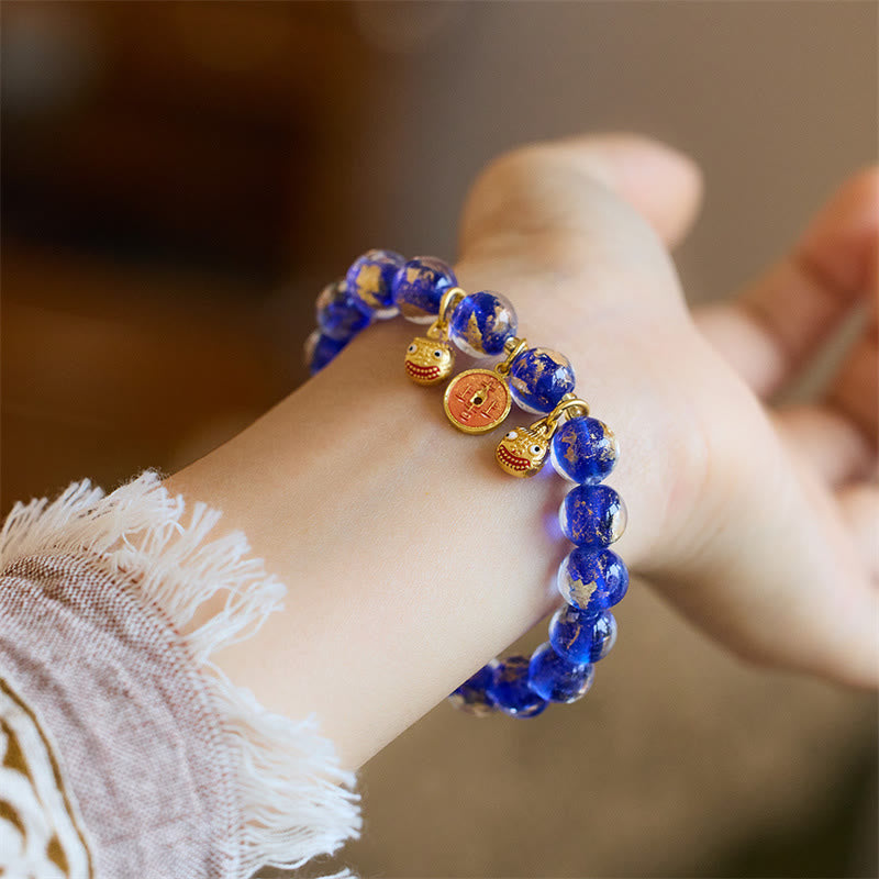 Bracelet porte-bonheur en perles de verre Liuli Buddha Stones et bête avaleuse d'or et pièce de cuivre