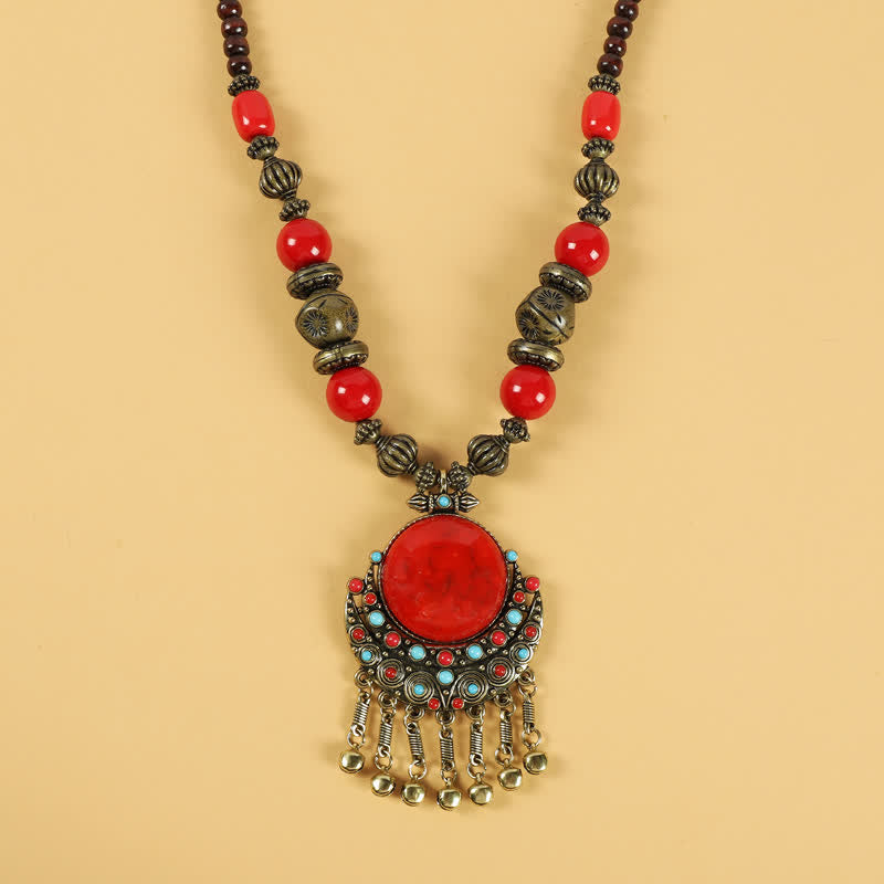 Accessoires pour cheveux avec pompons en perles rétro tibétaines - Soleil Lune-Rouge - image 0