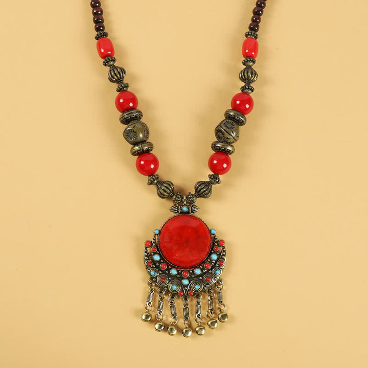 Accessoires pour cheveux avec pompons en perles rétro tibétaines - Soleil Lune-Rouge - image 0