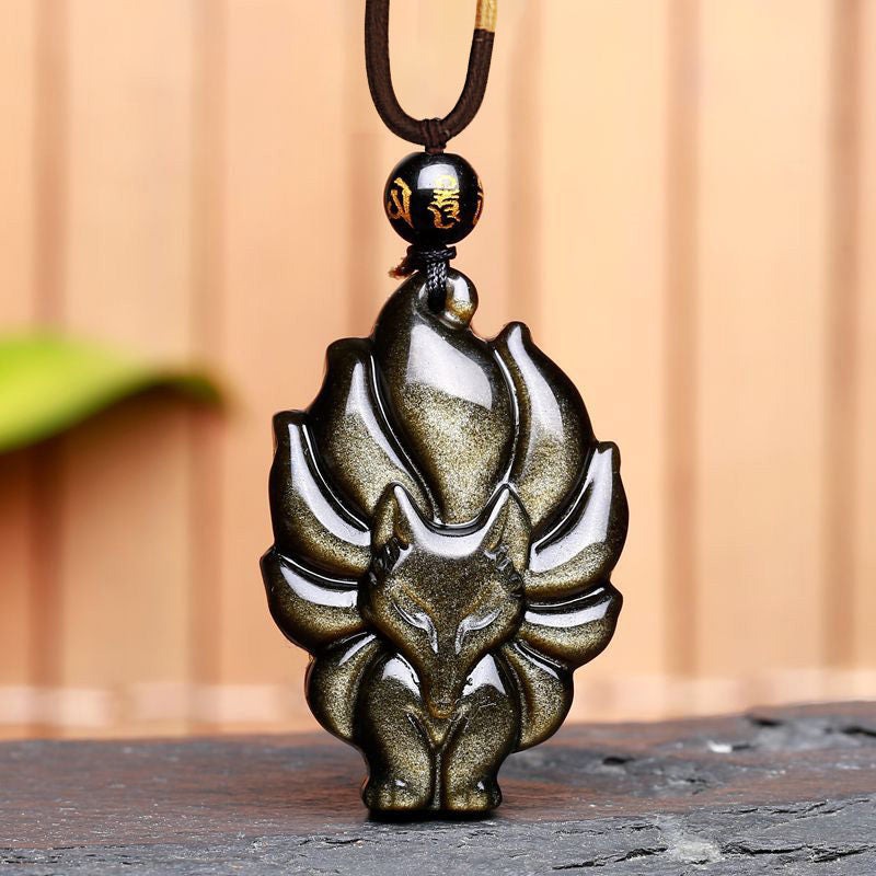 Collier pendentif positif en obsidienne arc-en-ciel naturelle Buddha Stones et obsidienne dorée brillante à neuf queues