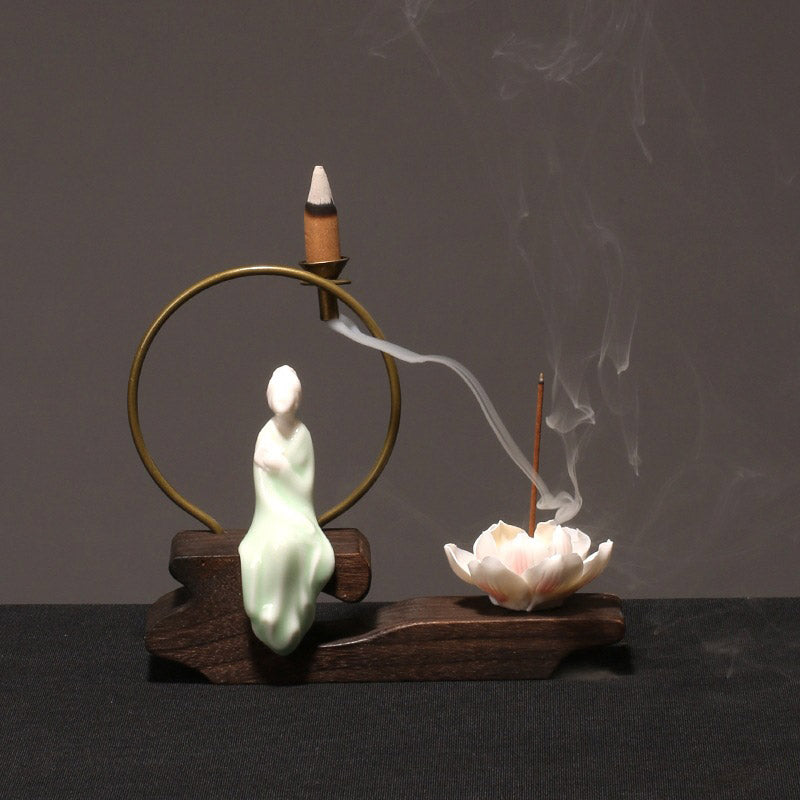 Brûleur d'encens en céramique avec Buddha Stones et lotus pour la guérison et la méditation