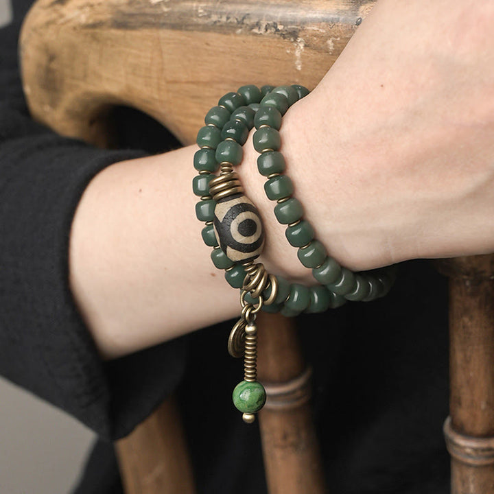 Bracelet triple tour en perles de Bodhi Dzi cyan avec perles de sagesse et de paix
