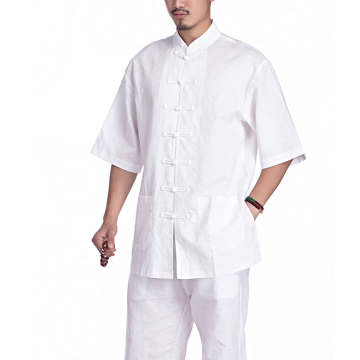 Ensemble pour homme en coton et lin avec boutons en forme de grenouille chinoise et Buddha Stones, méditation, prière, pratique spirituelle zen, yoga - Blanc (manches courtes) - US/UK/AU44，EU54 (3XL) - image 21