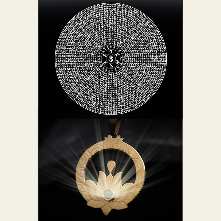 Collier pendentif mantra Shurangama avec projection d'illumination en acier titane et pierres de Buddha Stones Lotus