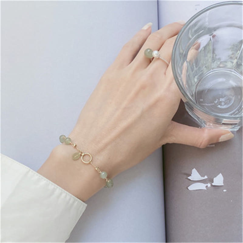 Bracelet chaîne de prospérité en perles de jade Hetian plaqué or 14 carats
