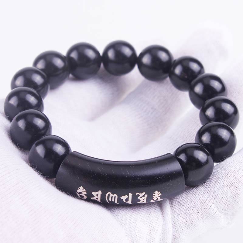 Bracelet d'équilibre incrusté de Buddha Stones en argent sterling 999 et bois d'ébène Om Mani Padme Hum