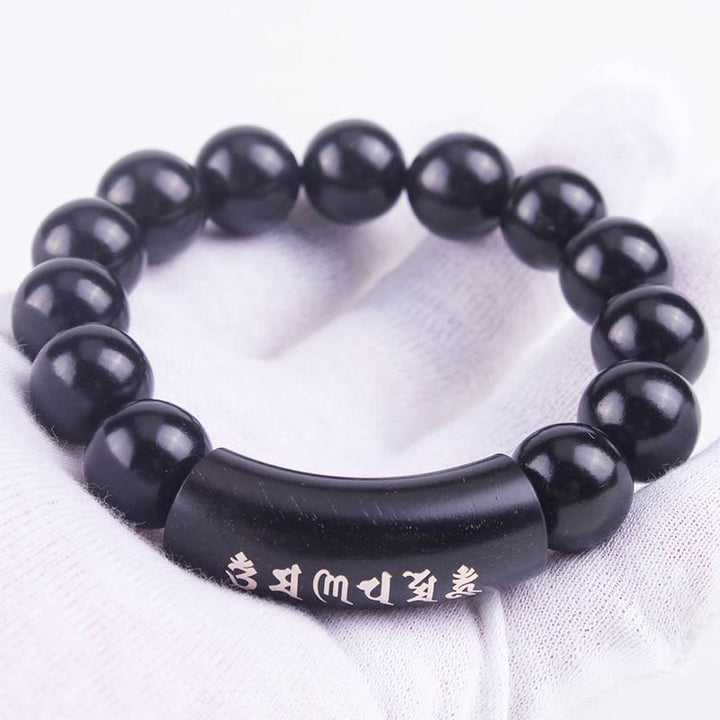Bracelet d'équilibre incrusté de Buddha Stones en argent sterling 999 et bois d'ébène Om Mani Padme Hum
