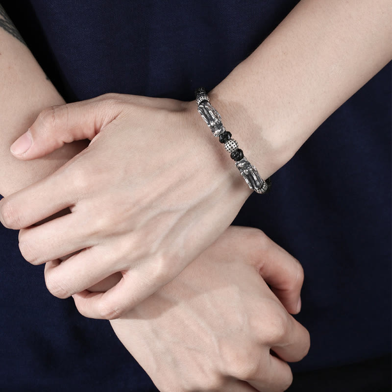 Bracelet tressé fait main en argent sterling 999 avec double dragon porte-bonheur de Buddha Stones