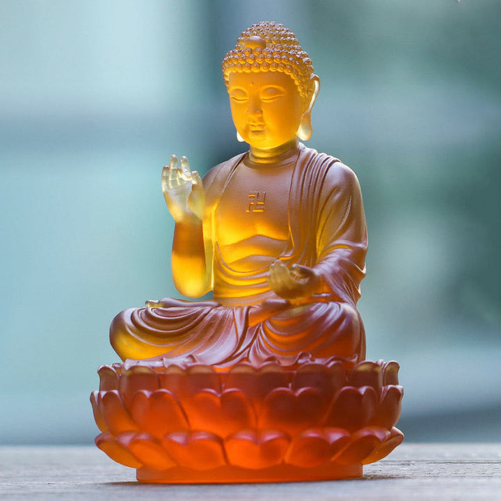 Buddha Stones faites à la main Sakyamuni Bouddha Liuli Pièce d'art en cristal Statue de compassion Décoration d'offrande de bureau à domicile