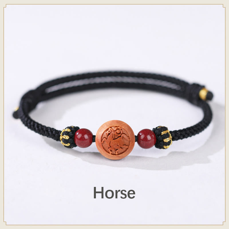 Bracelet de richesse en bois de pêche naturel Buddha Stones et caractère Fu du zodiaque chinois sculpté en cinabre