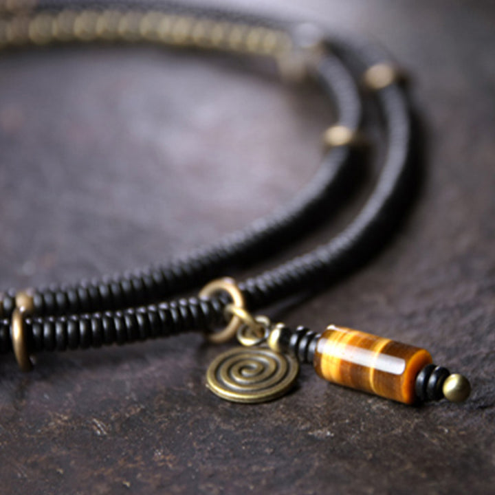 Collier pendentif en perles de Dzi en bois d'ébène et Buddha Stones en cuivre pour couple de paix