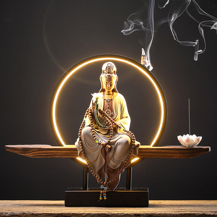 Buddha Stones Bouddha Avalokitesvara Céramique Lotus Relaxation Brûleur d'encens Décoration